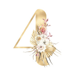 Boho number, digit 4, Watercolor gold table numbers illustration with dried flower, tropical, leaves, palm, roses, orchid, terracotta, bouquet composition. Boho wedding invitation, modern bohemian	
