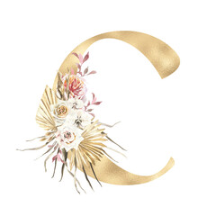 Boho alphabet Letter C, Watercolor GOLD letters illustration with dried flower,tropical, leaves, palm, roses, orchid,  terracotta, bouquet composition.  Boho wedding invitation, modern bohemian