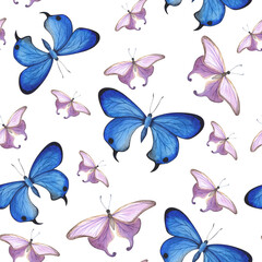 seamless pattern Blue and purple butterfly isolated on white. Watercolor hand drawn insect llustration for design