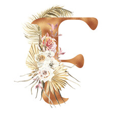 Boho alphabet Letter F , Watercolor bronze letters illustration with dried flower,tropical, leaves, palm, roses, orchid,  terracotta, bouquet composition.  Boho wedding invitation, modern bohemian