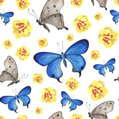 seamless pattern Blue, grey butterfly with daffodils isolated on white. Watercolor illustration for design fabrics