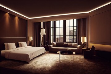 Luxury modern style bedroom, Interior of a hotel bedroom. Generative AI illustration