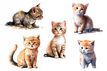 série de chats et chatons illustrés aspect aquarelle, isolé sur fond blanc