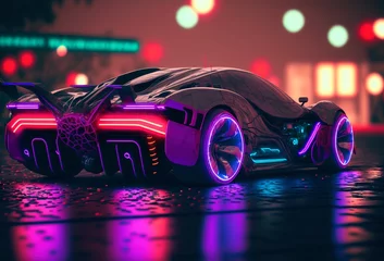 Foto op Plexiglas Auto Shiny futuristic sports car on a blurred cyberpunk city street background with bright neon lights. Bokeh effect. Future concept. Generative AI illustration.
