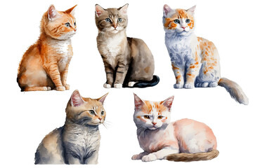 série de chats et chatons illustrés aspect aquarelle, sur fond blanc - obrazy, fototapety, plakaty