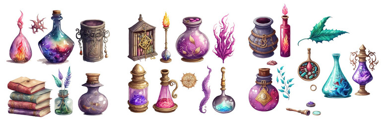 lot d'illustrations d'objets magiques isolés sur fond blanc