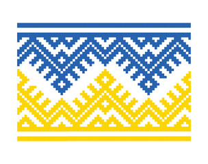 Flag of Ukraine yellow and blue pattern background. Ukrainian ornament. Ornaments embroidered on clothes. Flag of Ukraine embroidered on a white background. handmade cross-stitch