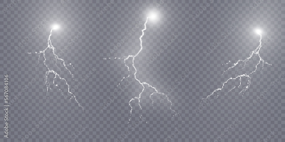 Aufkleber set of lightning, thunderstorm and lightning effect. light effect of electric discharge. lightning f