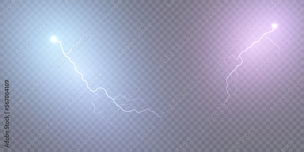 Poster Set of lightning, thunderstorm and lightning effect. Light effect of electric discharge. Lightning for web design and illustration.