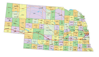 Nebraska - Highly detailed editable political map with labeling.