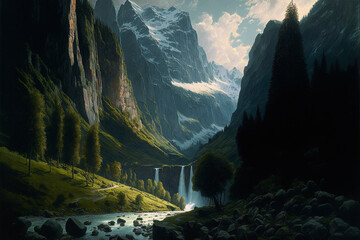 Beautiful mountain landscape tree dramatic sky - obrazy, fototapety, plakaty