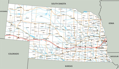 High detailed Nebraska road map with labeling.