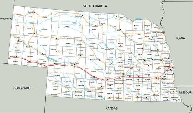 High detailed Nebraska road map with labeling.