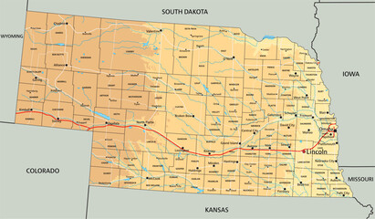 High detailed Nebraska physical map with labeling.