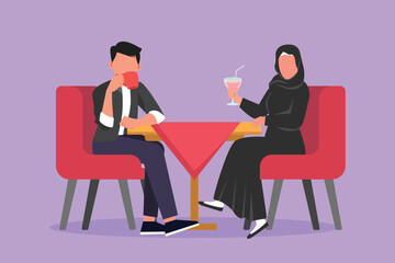 Cartoon flat style drawing Arabian couple sitting and drink coffee or milkshake. Man and woman having romantic dinner in cafe. Celebrate anniversary at restaurant. Graphic design vector illustration