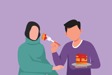 Cartoon flat style drawing of loving Arabian couple eating cake together. Man and woman dating at restaurant. Romantic relationship. Celebrate wedding anniversaries. Graphic design vector illustration