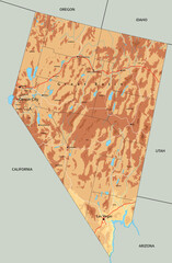 High detailed Nevada physical map with labeling.
