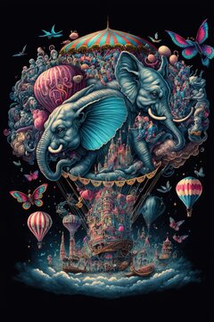 Vintage carnival banner. Curcus balloon and flying elephants on a Circus Poster - Generative AI