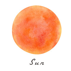 Fototapeta premium Watercolor illustration of hand painted star Sun in yellow, orange color. Outer space extraterrestrial object of Solar system. World Space Week. Fire ball. Isolated clip art for posters, banners