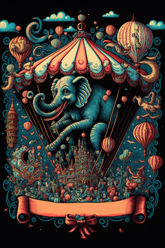 Vintage carnival banner. Curcus balloon and flying elephants on a Circus Poster - Generative AI