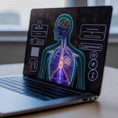 Creative concept of abstract medical illustration and hands typing on laptop on background. Medicine and advanced healthcare concept. Generative AI