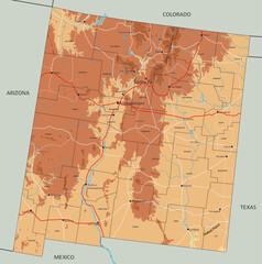 High detailed New Mexico physical map with labeling.