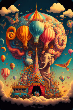 Vintage carnival banner. Curcus balloon and flying elephants on a Circus Poster - Generative AI