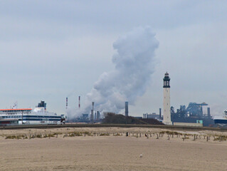 January 2023, Dunkerque - Winter walk on the beach of Dunkerque - View on the lighthouse