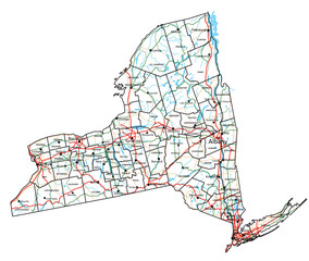 High detailed New York road map with labeling.