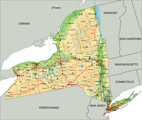 High detailed New York physical map with labeling.