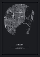 Black and white printable Miami city map, poster design, vector illistration.