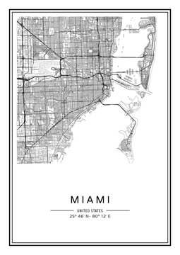 Black and white printable Miami city map, poster design, vector illistration.