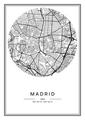 Black and white printable Madrid city map, poster design, vector illistration. - obrazy, fototapety, plakaty
