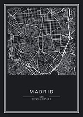 Black and white printable Madrid city map, poster design, vector illistration.