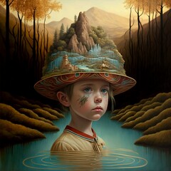 A boy in a fancy hat on his head against the background of a swamp and jungle. A surreal portrait generated by AI. Generative, AI, Created by artificial intelligence