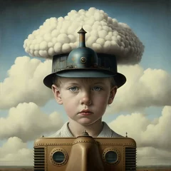 Foto auf Acrylglas Malerische Inspiration A boy with a fancy hat on his head in a historic train. A surreal portrait generated by AI. Created by artificial intelligence. Generative AI
