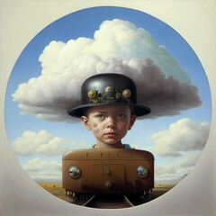.A boy with a fancy hat on his head in a historic train. A surreal portrait generated by AI. Created by artificial intelligence. Generative AI..