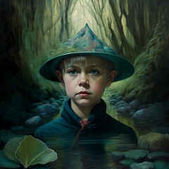 .A boy in a fancy hat on his head against the background of a swamp and jungle. A surreal portrait generated by AI. Created by artificial intelligence, Generative AI. - 567086759