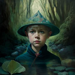 Foto auf Acrylglas Malerische Inspiration .A boy in a fancy hat on his head against the background of a swamp and jungle. A surreal portrait generated by AI. Created by artificial intelligence, Generative AI.