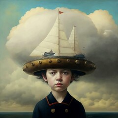 A boy with a hat on his head in the shape of a ship against the background of clouds. A surreal portrait generated by AI. Created by artificial intelligence. - 567086782