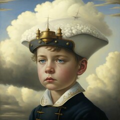 A little boy with a hat on his head in the shape of a ship on a background of clouds. A surreal portrait generated by AI. Created by artificial intelligence. Generative AI