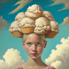 A teenage blonde girl with big cupcakes on her head against a background of clouds. A surreal portrait generated by AI. Created by artificial intelligence. Generative AI