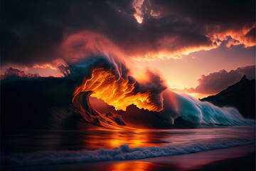 Epic wave in Hawaii at sunset, beautiful landscape illustration showing the force of nature - generative ai