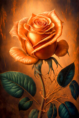 Orange rose on a dark background.  illustration. Vintage style. Generative AI