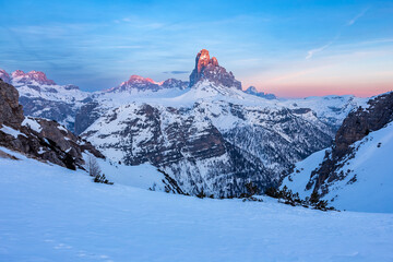 Winter sunset in the Dolomites, Cortina d'Ampezzo, Italy
