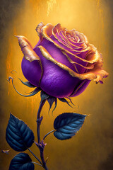 3D illustration of a violet rose with gold ornament on a dark background. Generative AI