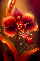 Beautiful red orchid on a dark background. illustration. Generative AI