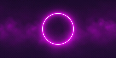 Purple neon circle frame with smoke cloud, glowing gradient ring with colorful fog. Illuminated realistic night scene. Futuristic portal concept. Vector illustration.