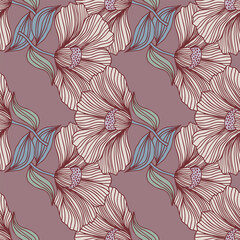 Vintage outline flower endless background. Delicate floral line seamless pattern.