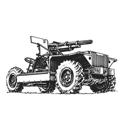 SUV car with automatic gun. Military vehicle. Hand drawing.